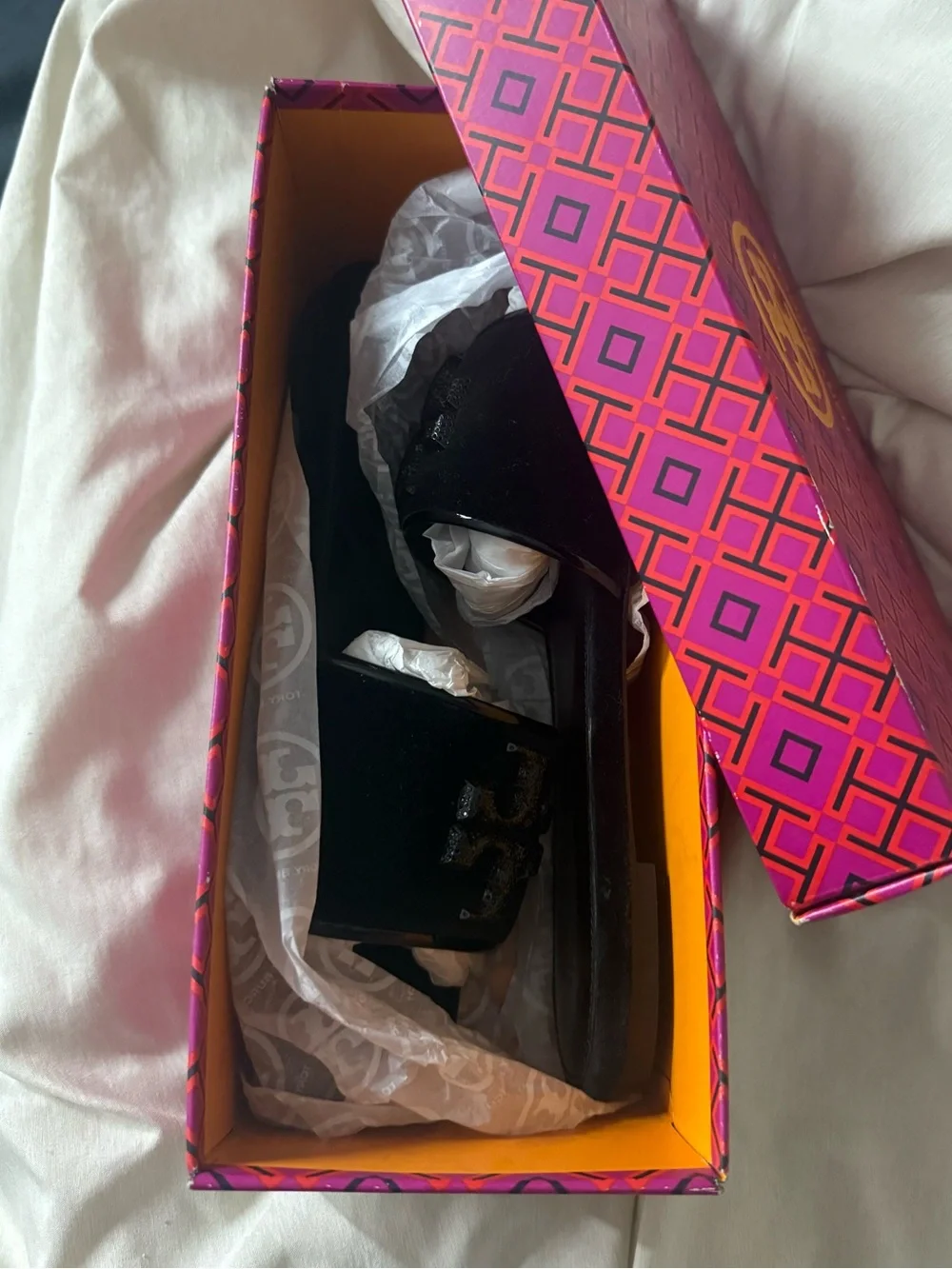 Tory Burch Black Velvet Slide Sandals with Logo Strap